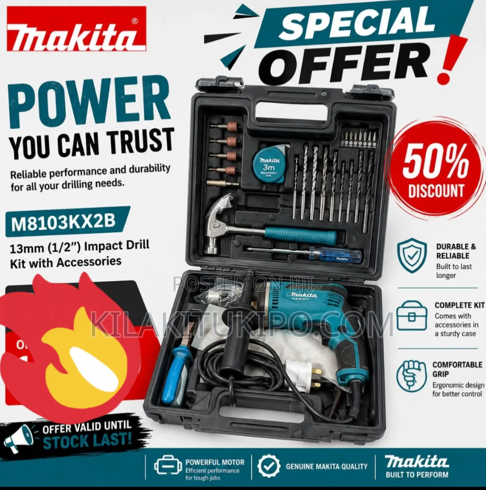 Makita, Hammer Drill 13mm, 430W, for Wood, Concrete and Steel