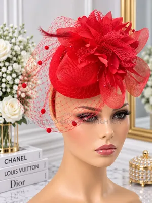 Red Floral Fascinator Hat With Veil