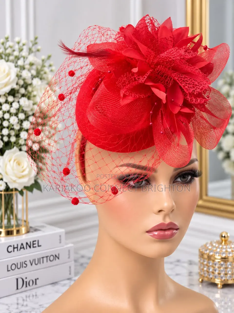 Red Floral Fascinator Hat With Veil