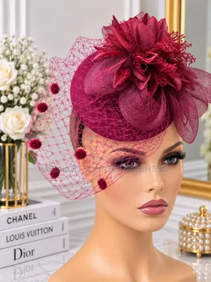 Red Floral Fascinator Hat With Veil
