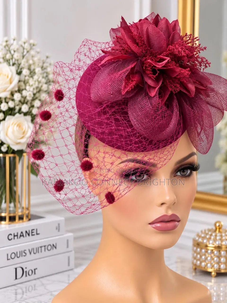 Red Floral Fascinator Hat With Veil