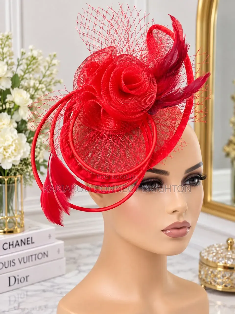 Red Floral Fascinator Hat With Veil