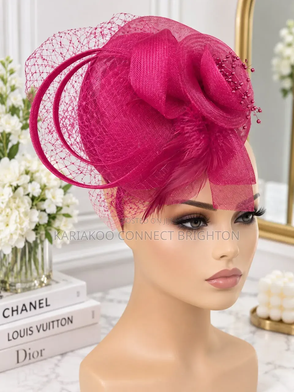 Red Floral Fascinator Hat With Veil