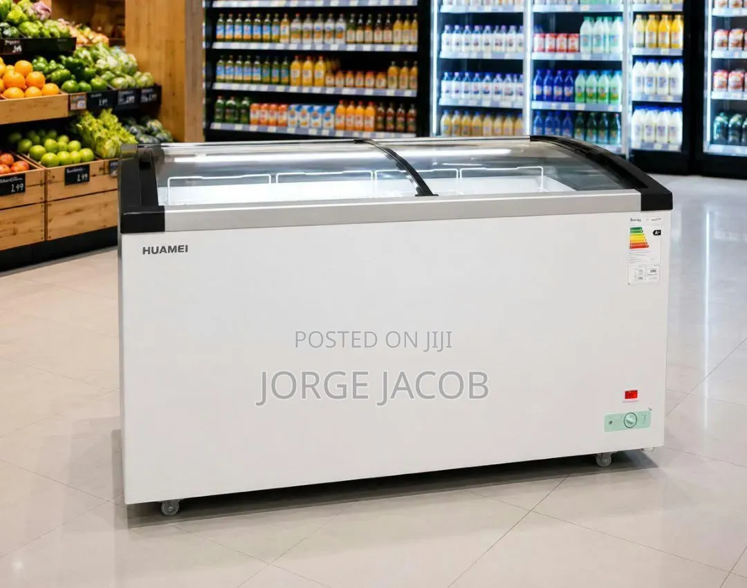 Huamei 390L Display Chest Freezer With Curved Sliding Glass Doors.