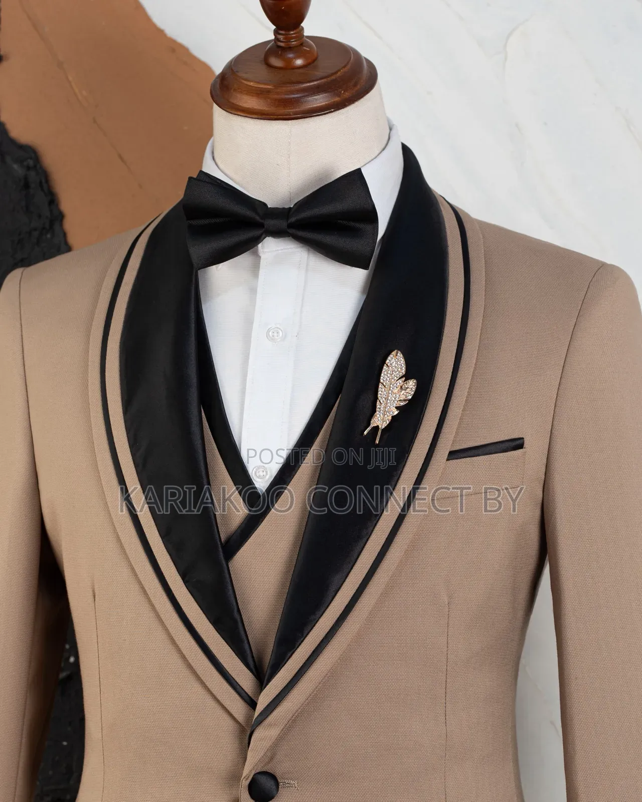 Premium Beige Black Contrast Shawl Lapel 3-Piece Tuxedo