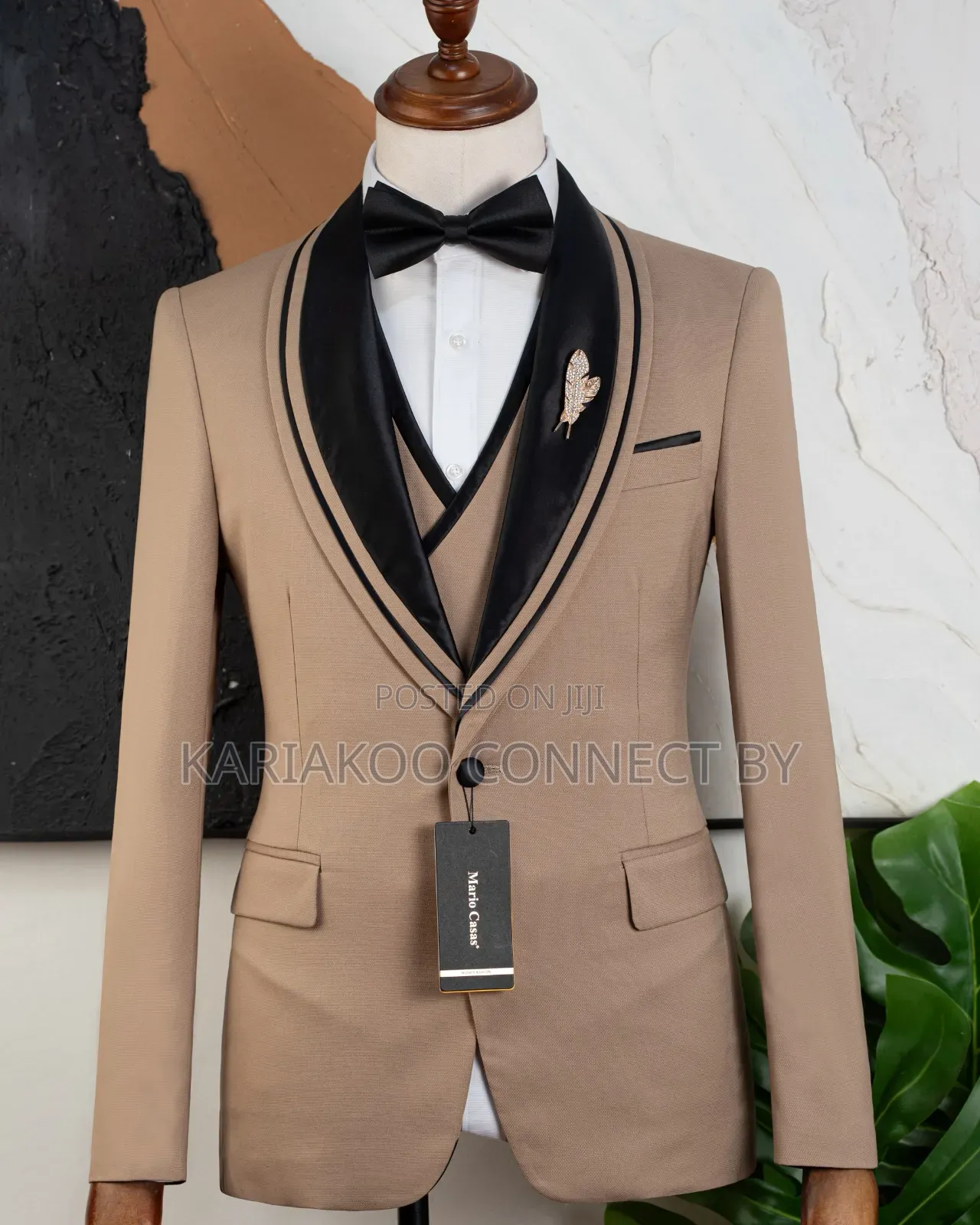 Premium Beige Black Contrast Shawl Lapel 3-Piece Tuxedo