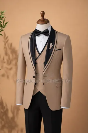 Premium Beige Black Contrast Shawl Lapel 3-Piece Tuxedo