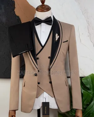 Premium Beige Black Contrast Shawl Lapel 3-Piece Tuxedo