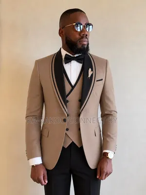 Premium Beige Black Contrast Shawl Lapel 3-Piece Tuxedo