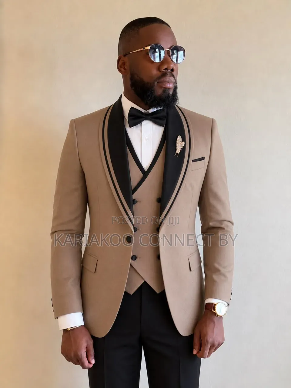 Premium Beige Black Contrast Shawl Lapel 3-Piece Tuxedo