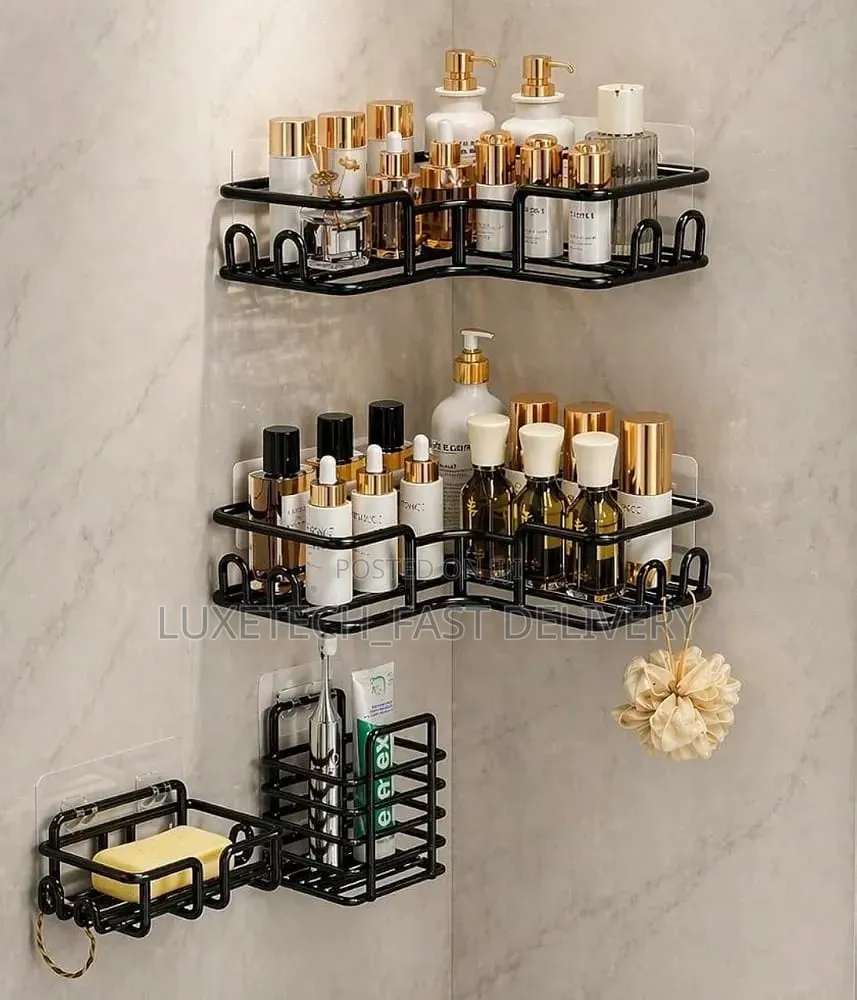 Black 4-Piece Bathroom Organizer Shelf Set Used for Shower Storage