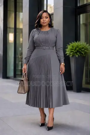 Caramel Belted Pleated Midi Dress