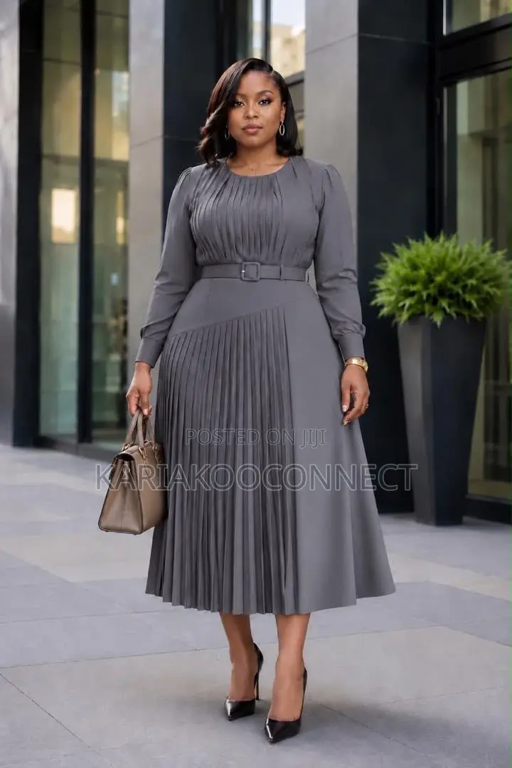 Caramel Belted Pleated Midi Dress