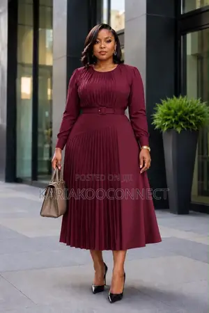 Caramel Belted Pleated Midi Dress