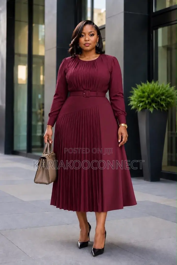 Caramel Belted Pleated Midi Dress