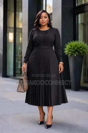 Caramel Belted Pleated Midi Dress