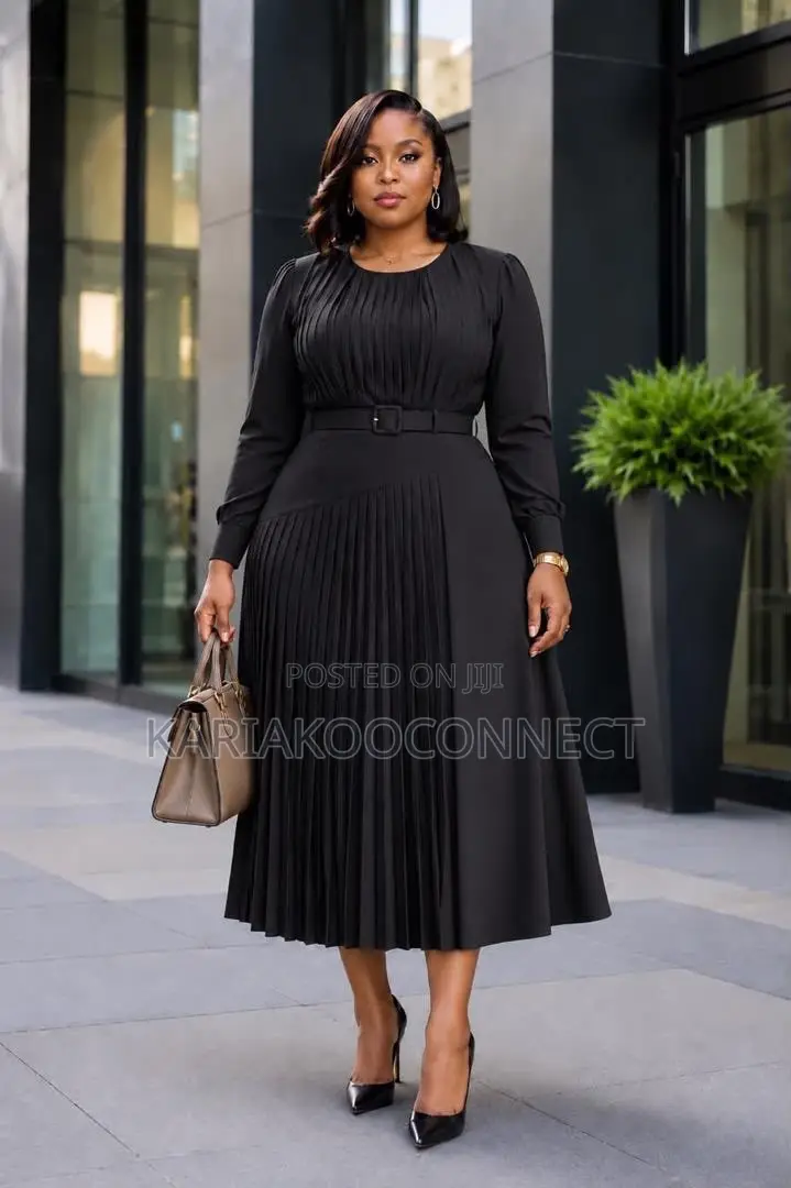 Caramel Belted Pleated Midi Dress