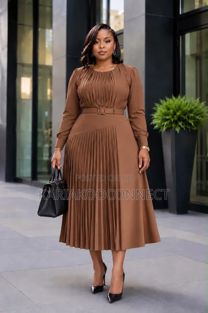 Caramel Belted Pleated Midi Dress