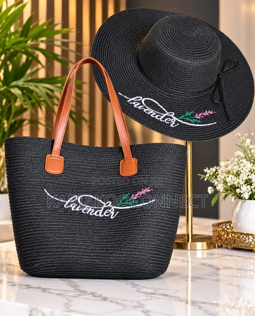 Lavender Straw Sun Hat Tote Set