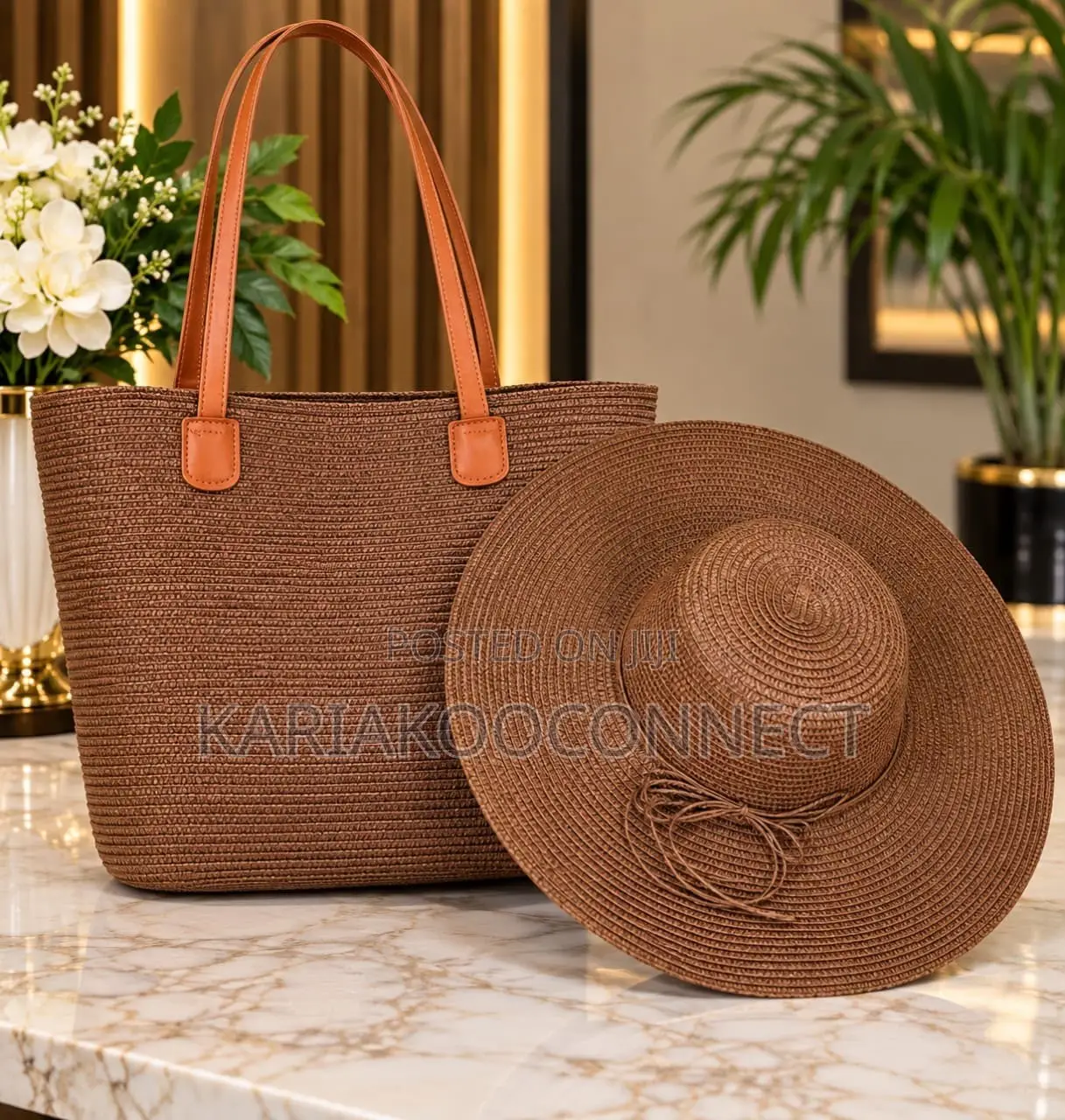 Lavender Straw Sun Hat Tote Set