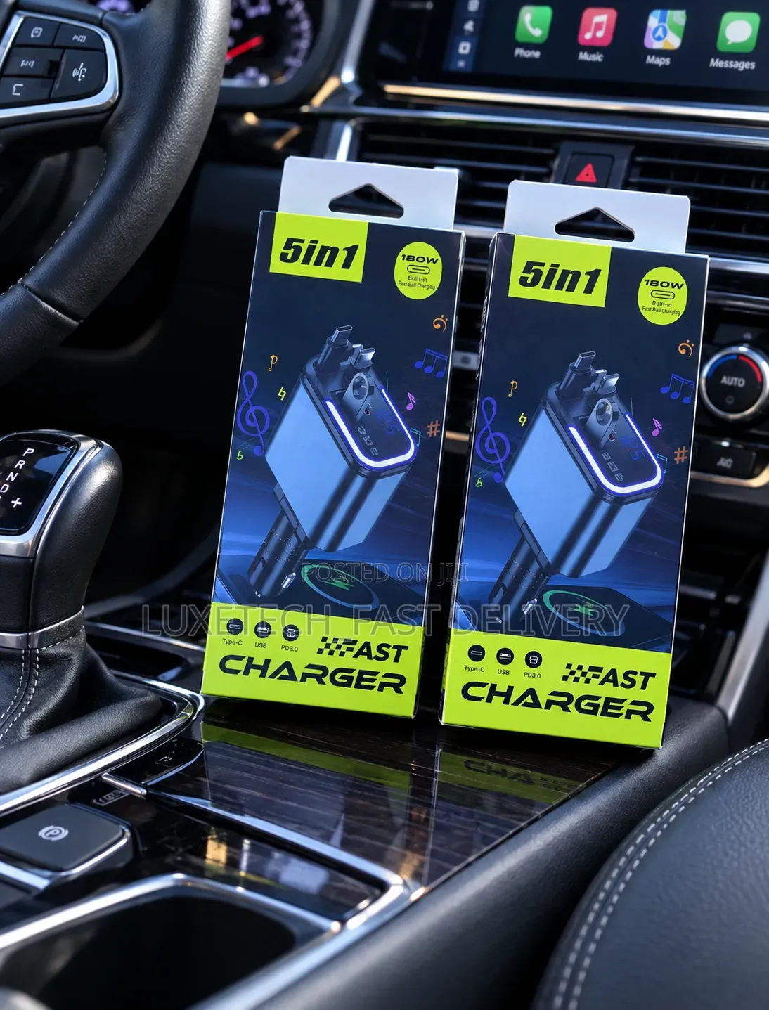 5-in-1 Fast Car Charger 180W With Built-in Retractable Cables