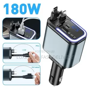 5-in-1 Fast Car Charger 180W With Built-in Retractable Cables