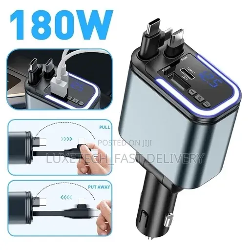 5-in-1 Fast Car Charger 180W With Built-in Retractable Cables
