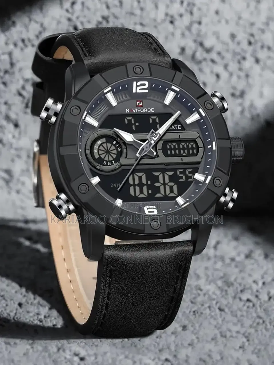 Matte Black Digital-Analog Leather Strap Wristwatch