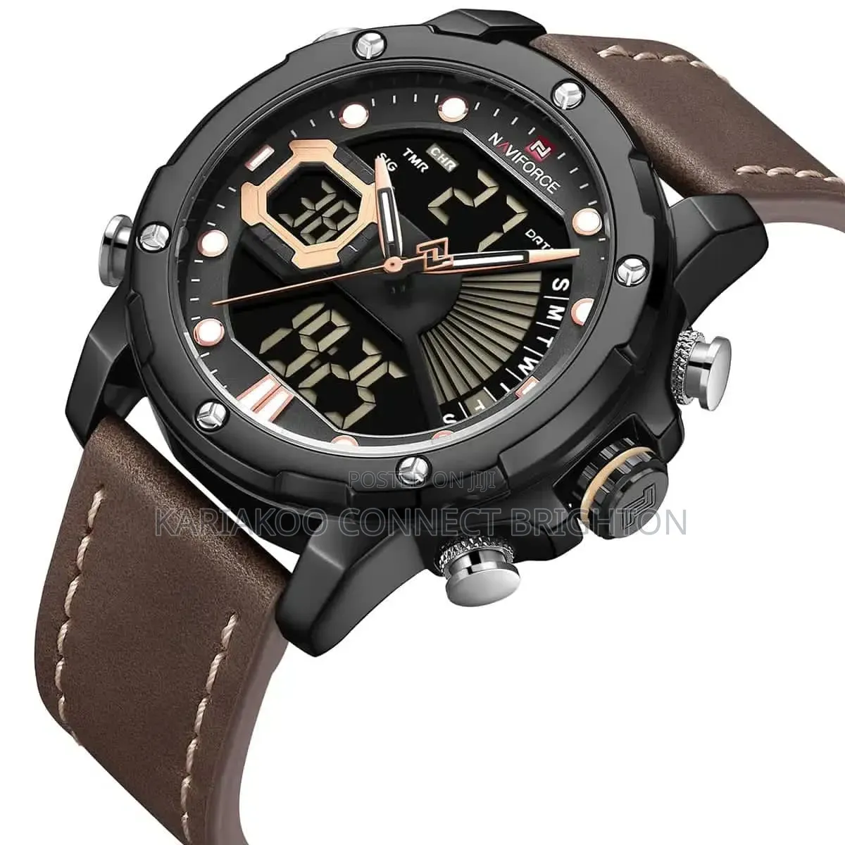 Matte Black Digital-Analog Leather Strap Wristwatch
