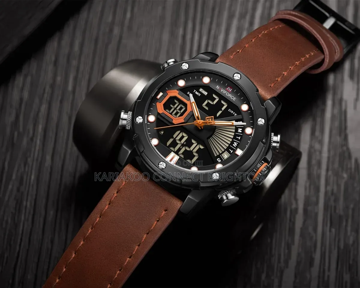 Matte Black Digital-Analog Leather Strap Wristwatch