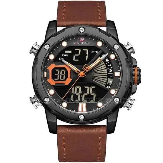 Matte Black Digital-Analog Leather Strap Wristwatch