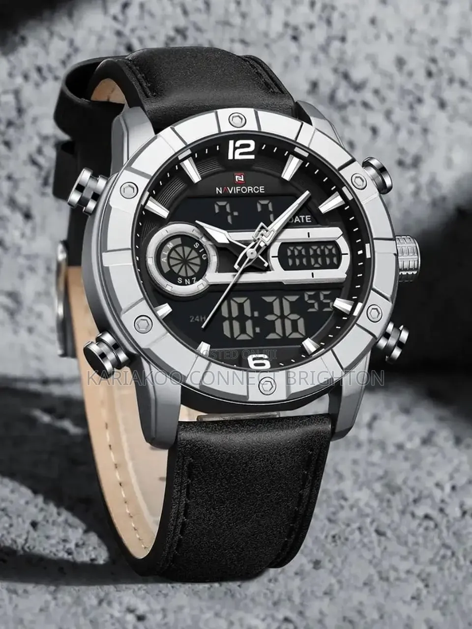 Matte Black Digital-Analog Leather Strap Wristwatch