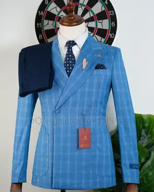 Double Breasted Suit - Sky Blue Check