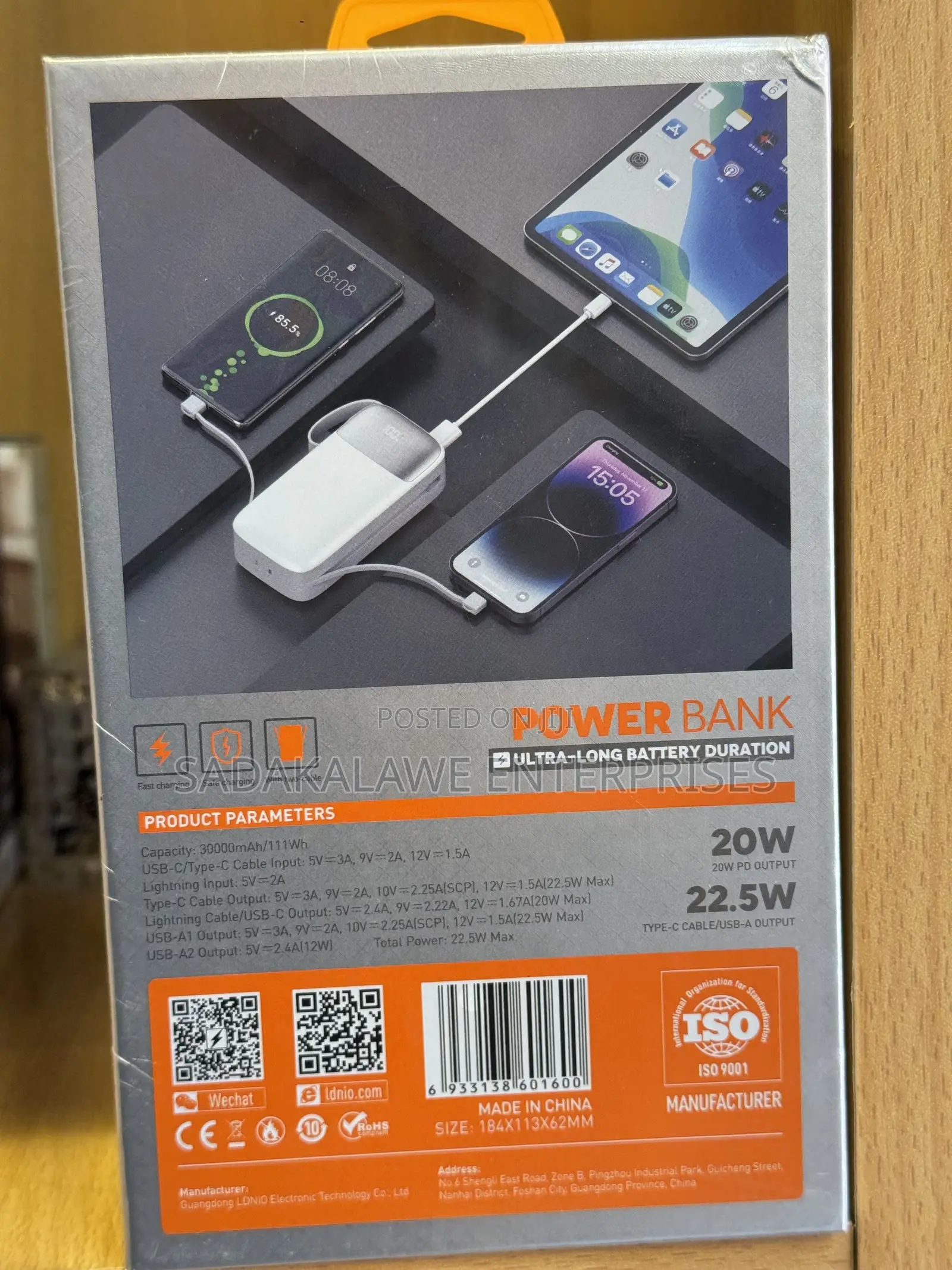 LDNIO PQ30 30000mAh Fast Charging Power Bank With Built-in Cables