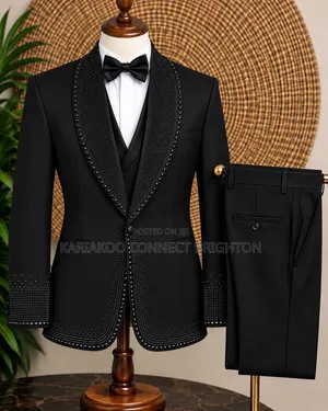 White and Black Beaded Shawl Lapel 3-Piece Suit