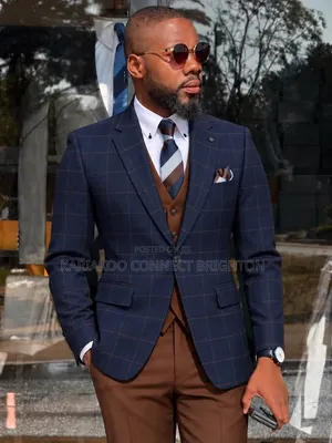 Navy Blue Checked Jacket With Brown Vest and Trousers