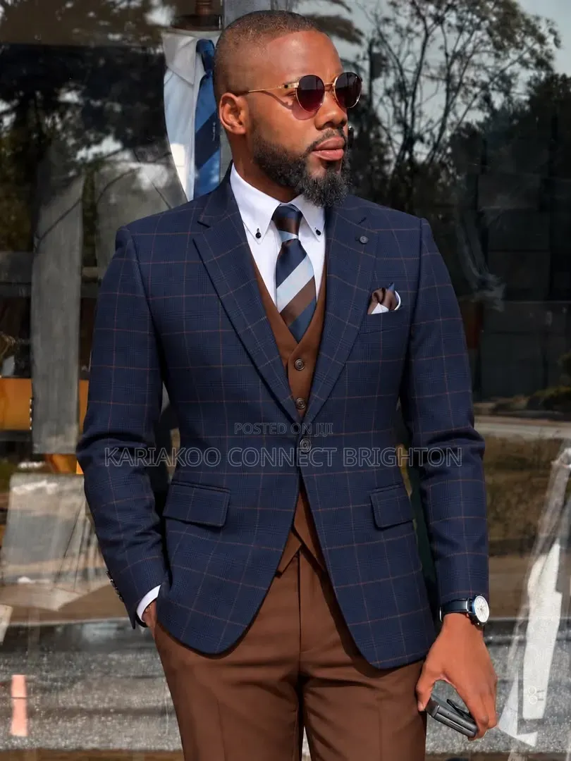 Navy Blue Checked Jacket With Brown Vest and Trousers