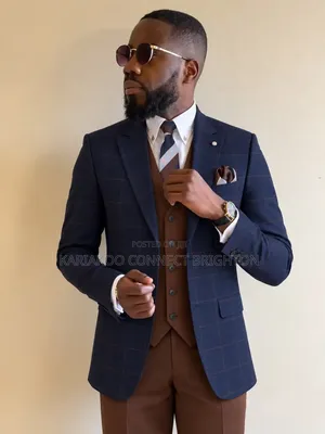 Navy Blue Checked Jacket With Brown Vest and Trousers