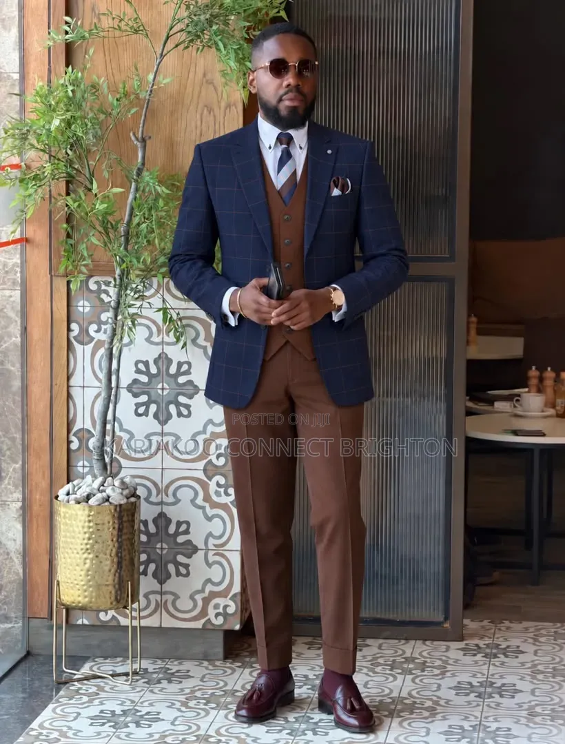 Navy Blue Checked Jacket With Brown Vest and Trousers