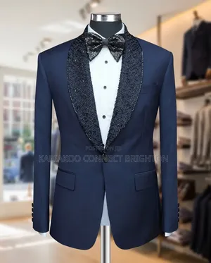 Navy Blue Beaded Shawl Lapel 2-Piece Suit