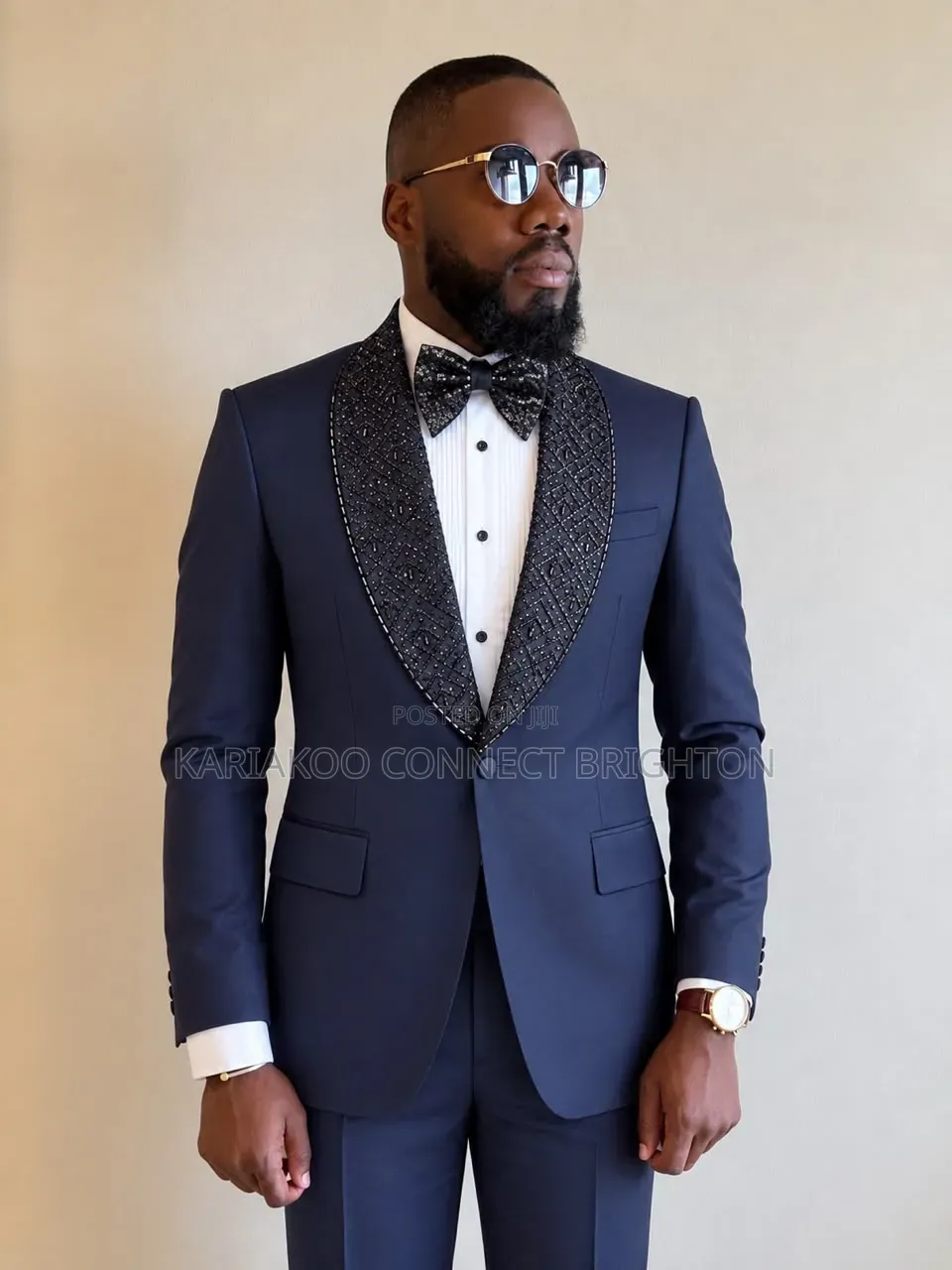 Navy Blue Beaded Shawl Lapel 2-Piece Suit