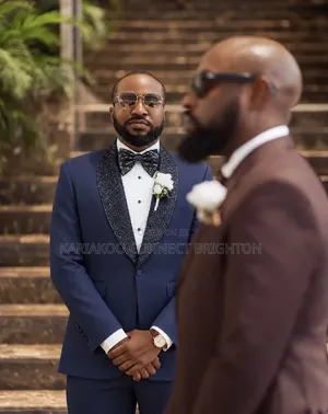 Navy Blue Beaded Shawl Lapel 2-Piece Suit