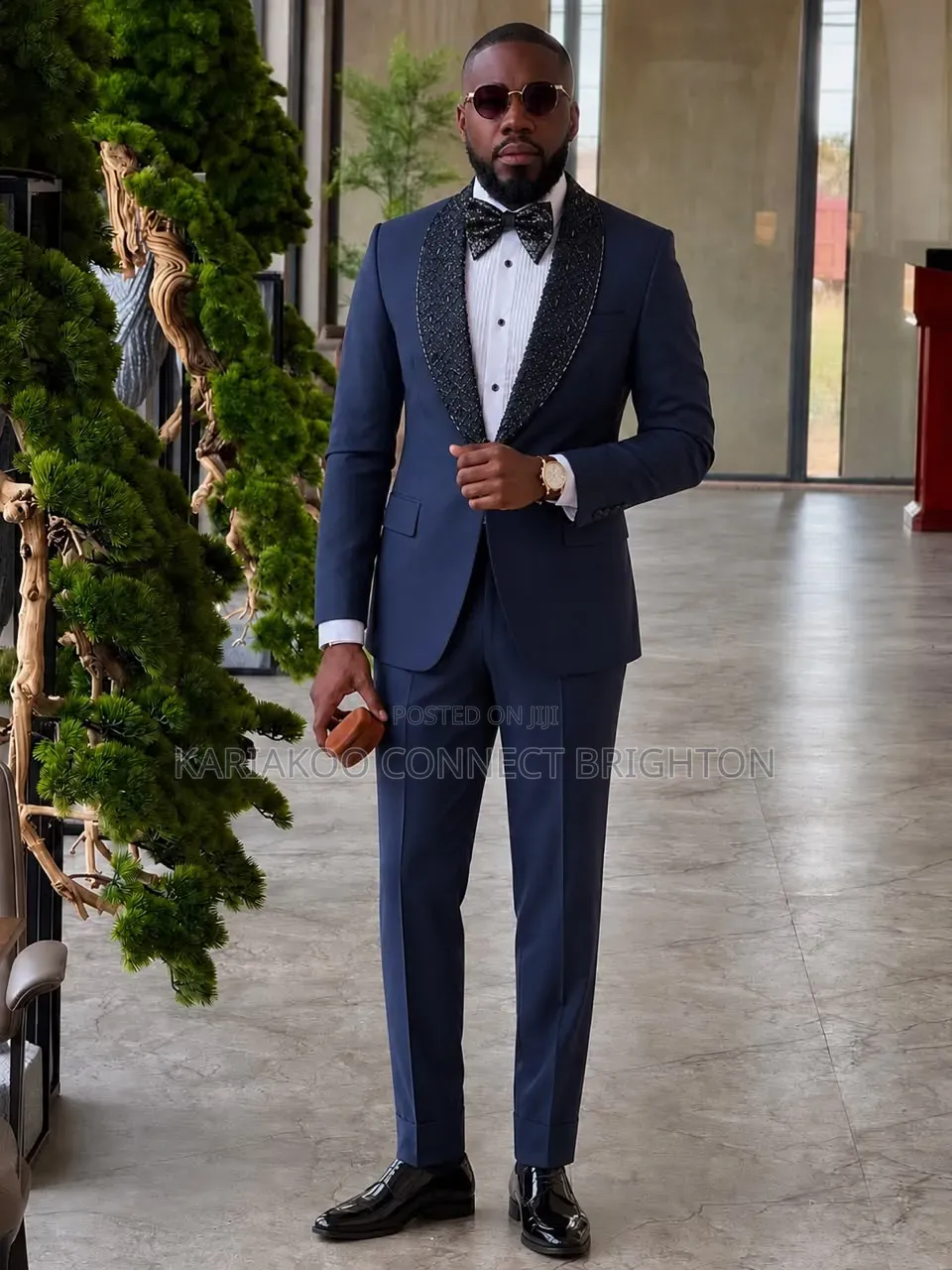 Navy Blue Beaded Shawl Lapel 2-Piece Suit