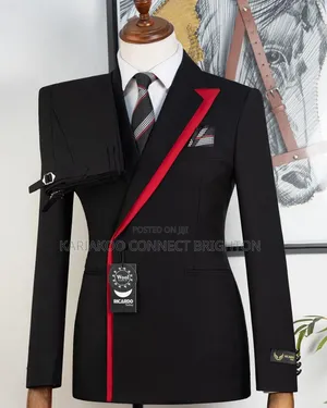 Black and Red Trim Asymmetric 2-Piece Suit With Tie