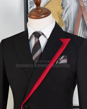 Black and Red Trim Asymmetric 2-Piece Suit With Tie