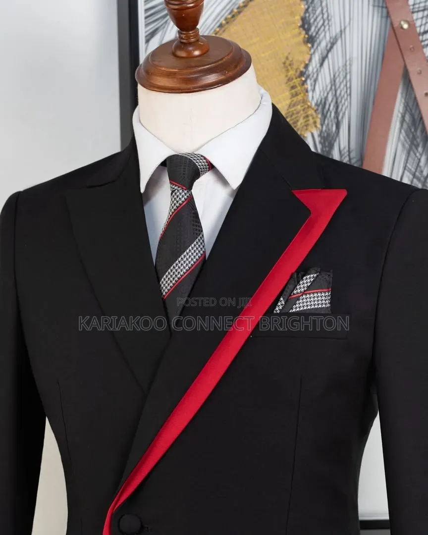 Black and Red Trim Asymmetric 2-Piece Suit With Tie