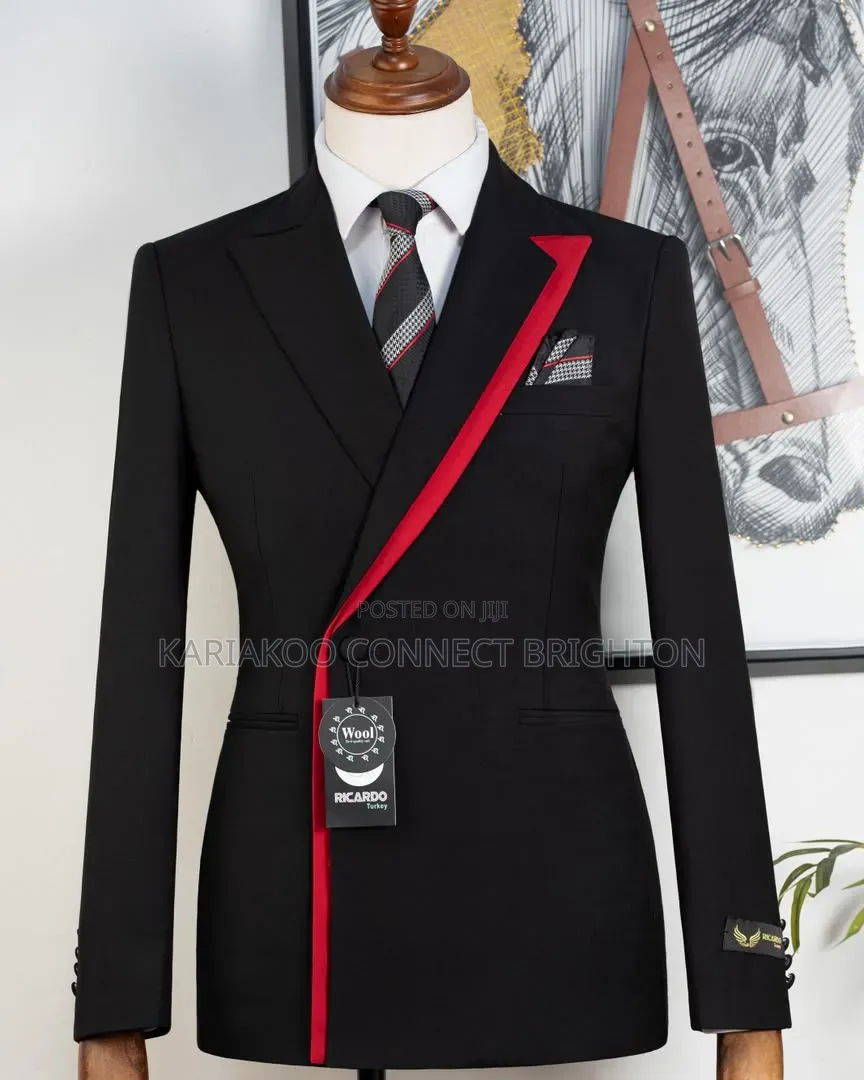 Black and Red Trim Asymmetric 2-Piece Suit With Tie