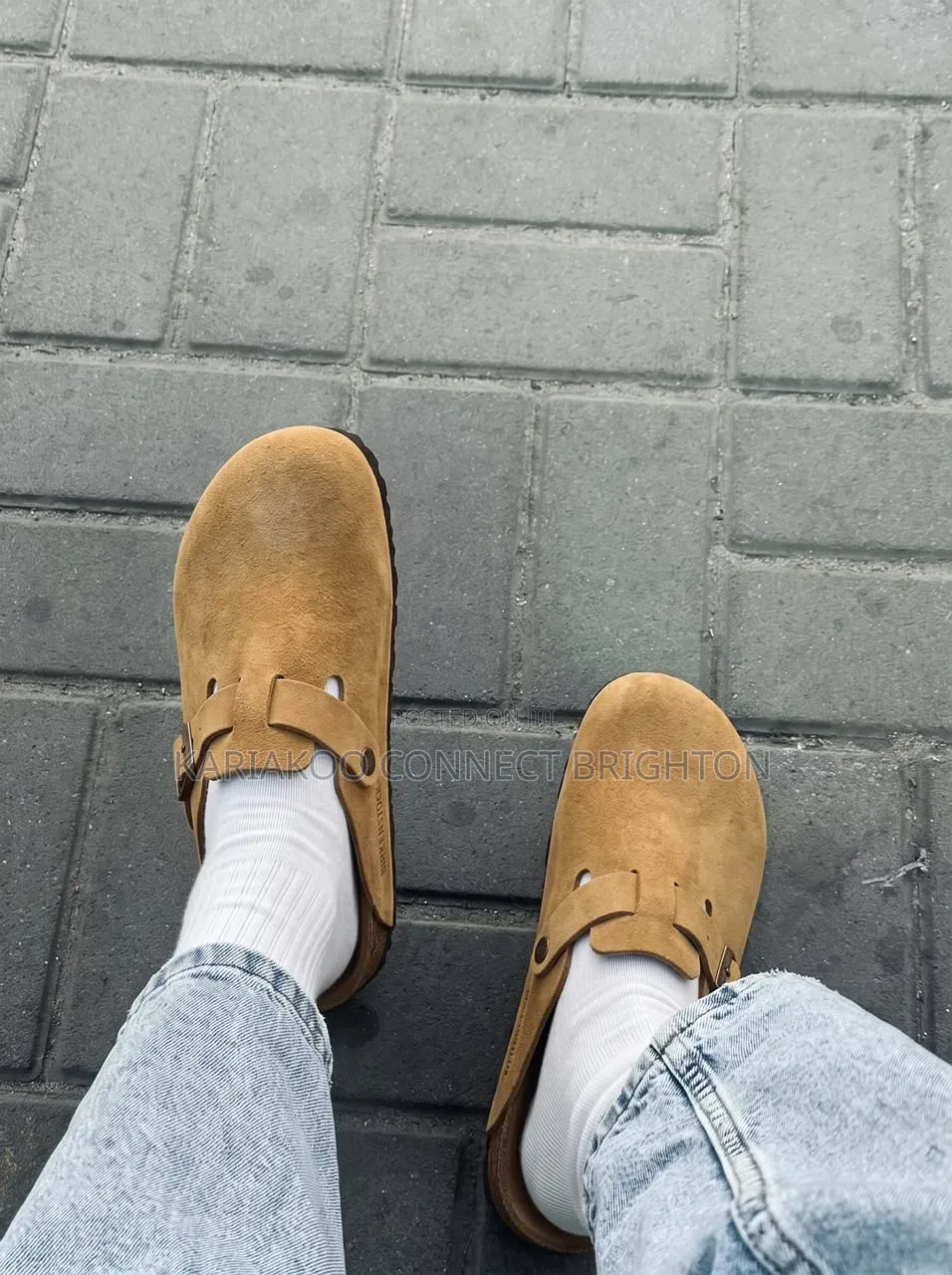 Tan Suede Buckle Clogs