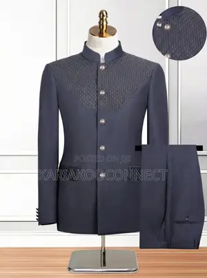 Navy Mandarin-Collar Suit With Textured Lattice Detail
