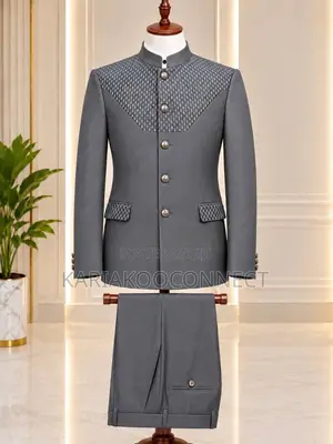 Navy Mandarin-Collar Suit With Textured Lattice Detail